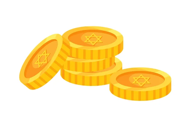 Férias tradicionais de Hanukkah, moedas de ouro com símbolos de férias . — Vetor de Stock