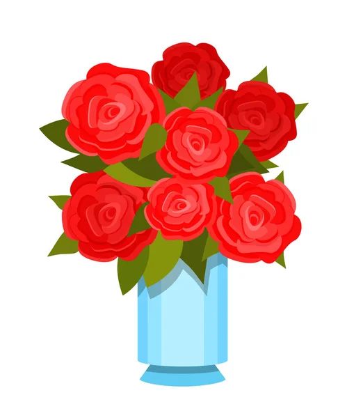 Vase mit wunderschönem Strauß festlicher roter Rosen mit Blättern. — Stockvektor