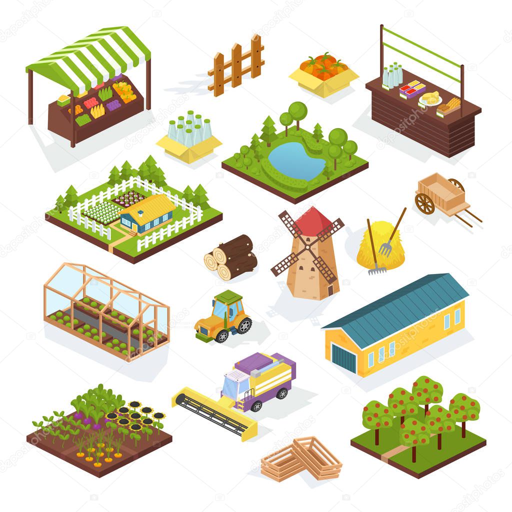 Set of objects agriculture, farm. Isometric vehicles, buildings, plantings.