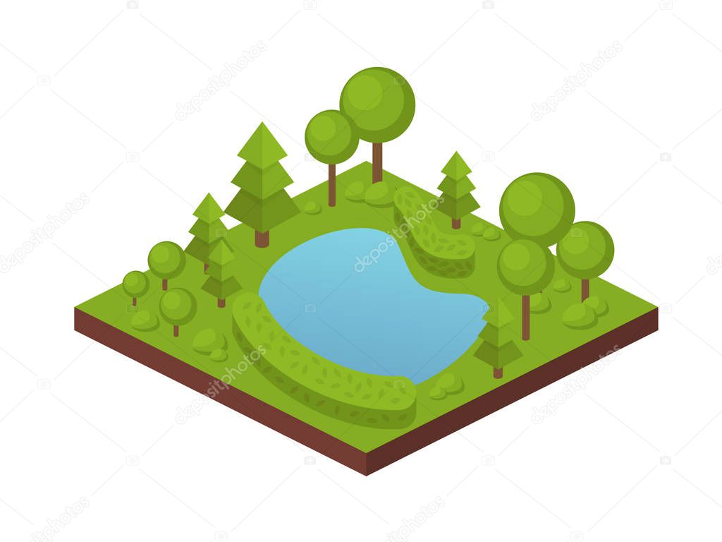 Garden farm land with trees, plants, private pond with water.