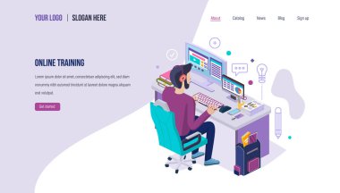 Çevrimiçi eğitim. Modern uzaktan e-öğrenme, okul internet eğitim, iş seminerleri.