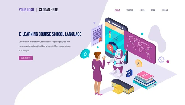 E-learningowe kurs szkoła języka. Szkolenia online, seminaria internetowe, wiedzy, lekcje internetowe. — Wektor stockowy