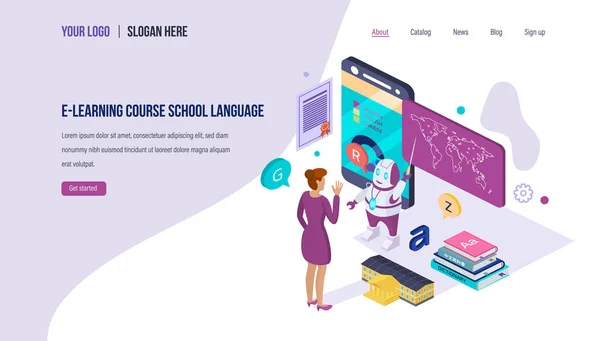 Curso de E-learning lenguaje escolar. Formación en línea, seminarios web, conocimientos, lecciones de Internet . — Archivo Imágenes Vectoriales
