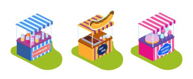 Stalls, showcases with street food, drinks and sweets. clipart