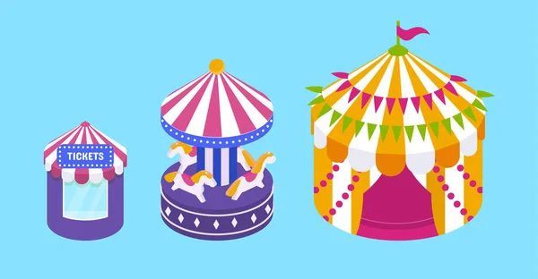 Paseos para niños, carrusel rotonda, carpa de circo. Exterior de los edificios . — Vector de stock