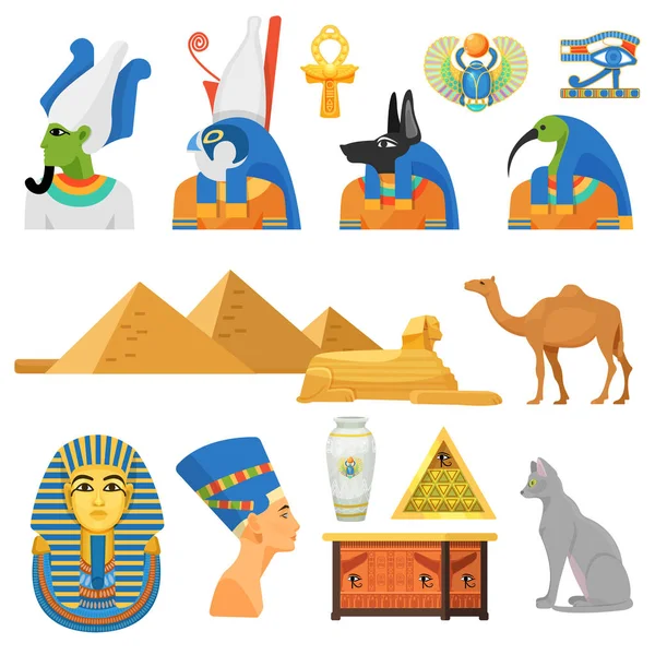 Культура Египта установлена. Боги, священные животные, международный архитектурный памятник . — стоковый вектор
