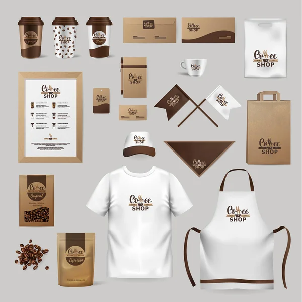 Identidad corporativa industria del café. Plantilla de ropa, paquetes, espacios en blanco, platos . — Vector de stock