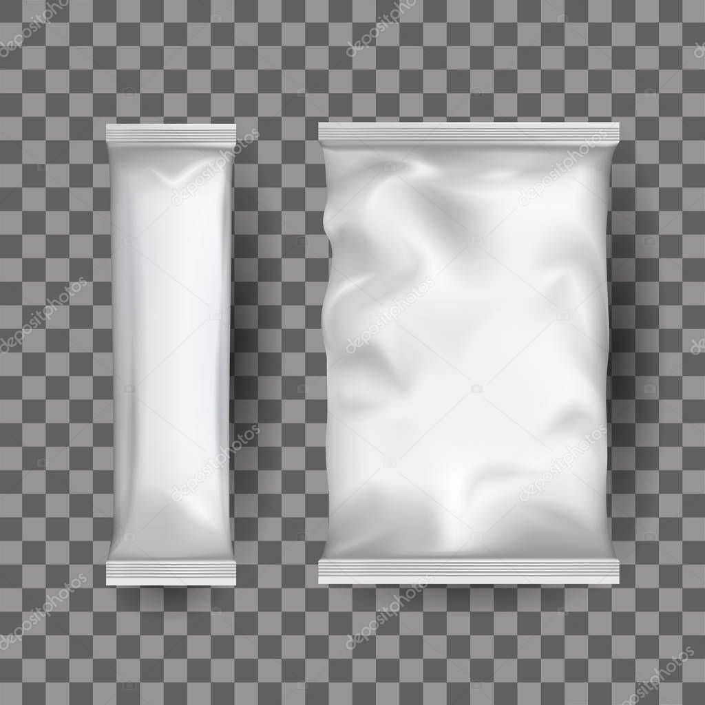 Realistic mock up of white plastic packaging for food, goods.