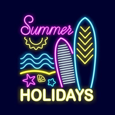Yaz parlak aydınlatma ile neon tabela. Sörf tahtası, Güneş, deniz yıldızı, seyahat.