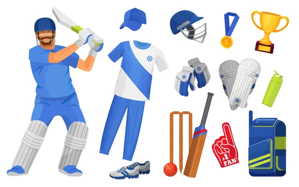 Conjunto de objetos para críquete de jogos. Uniforme, sapatos, equipamentos, atributos . —  Vetores de Stock