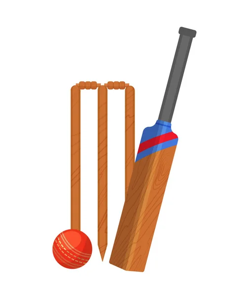 Conjunto de atributos para críquete. Porta de críquete de madeira, morcego, bola . —  Vetores de Stock