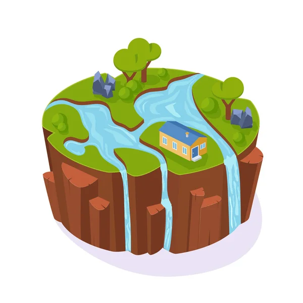等特雷斯3D 岛游戏 与地球的景观 游戏环境的元素 土壤的视觉界面 与河流 草与树木 房子与草坪在地球上 向量例证 — 图库矢量图片