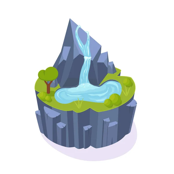 Isométrico juego de la isla 3D, suelo del paisaje, montaña con cascada, árboles . — Vector de stock