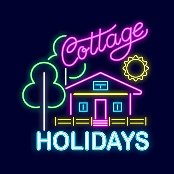 Insegna al neon estiva con illuminazione luminosa. Cottage vacanze, vacanze a casa . — Vettoriale Stock