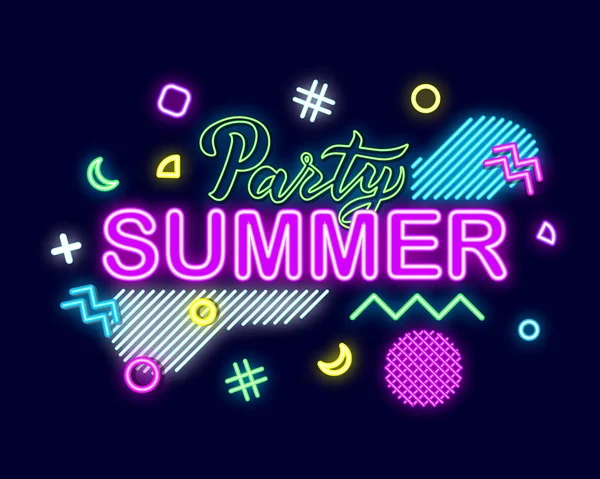 Summer neon sign with bright illumination. Party summer poster. — Stock Vector
