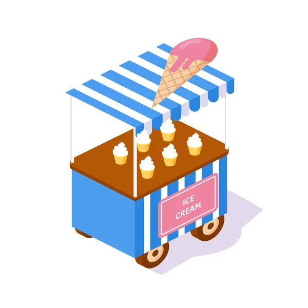 Quiosco moderno, calle 3d escaparate con alimentos helado natural . — Vector de stock