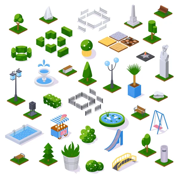 Conjunto de objetos parque de la ciudad con arquitectura, decoración y paisaje . — Vector de stock