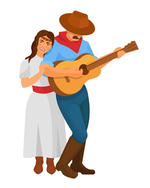 Character cowboy playing the guitar next to a beautiful girl. — Stock Vector