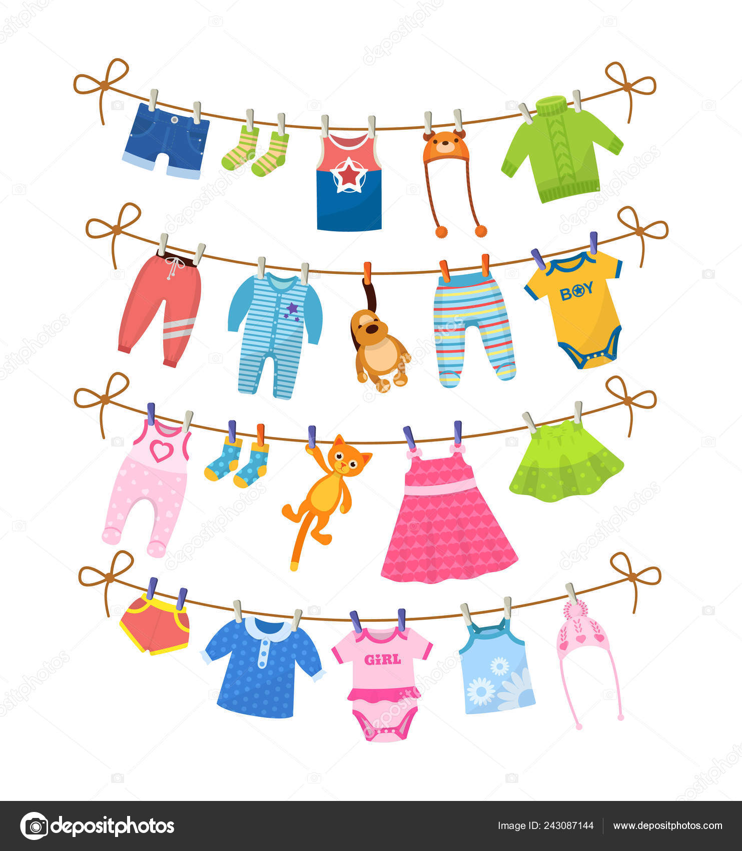 Set of baby clothes for children, after washing on rope. Stock