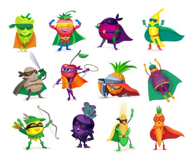 Funny cartoon characters vegetables and fruits in superhero costumes clipart