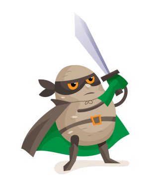 Pelerin süper kahraman, tatlı patates elinde kılıç ile.