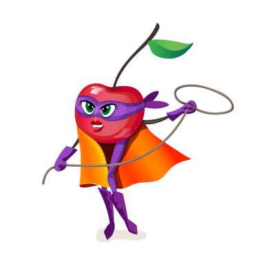 Elinde kement ile süper kahraman gibi giyinmiş güzel ince kiraz.