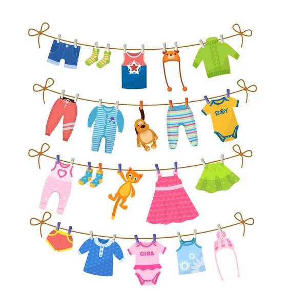 Set of baby clothes for children, after washing on rope. — Stock Vector