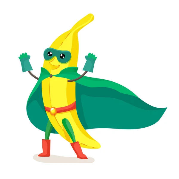 Cute banana in cloak superhero, mask, joyfully raising up hands.
