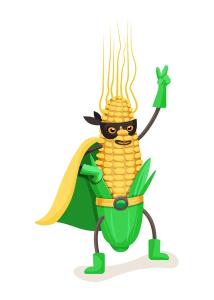 Jagung makanan yang lucu dalam jubah superhero dan masker . - Stok Vektor