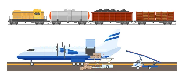 Avión, avión de transporte aéreo. Tren ferroviario con tanque de vagones remolque . — Vector de stock