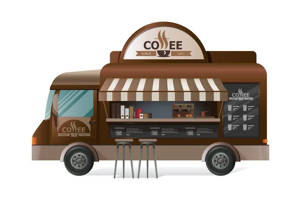 Camioneta de calle, mostrador de camiones tienda sobre ruedas, venta de café . — Vector de stock