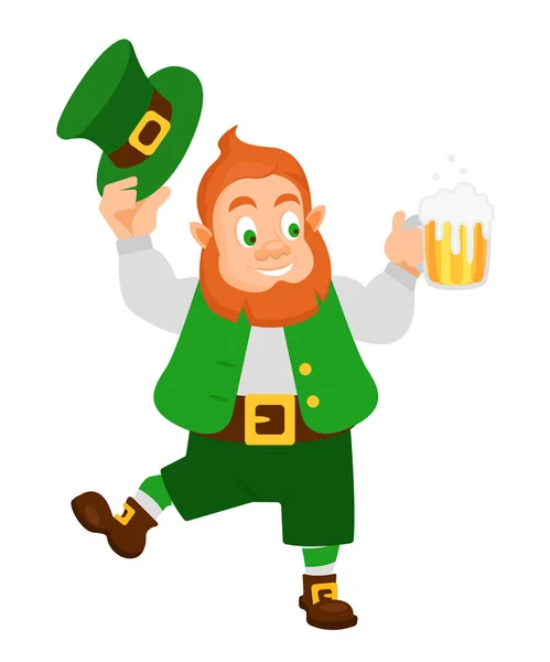 Funny Irish character, leprechaun, holding mug of beer in hand. — Stock Vector