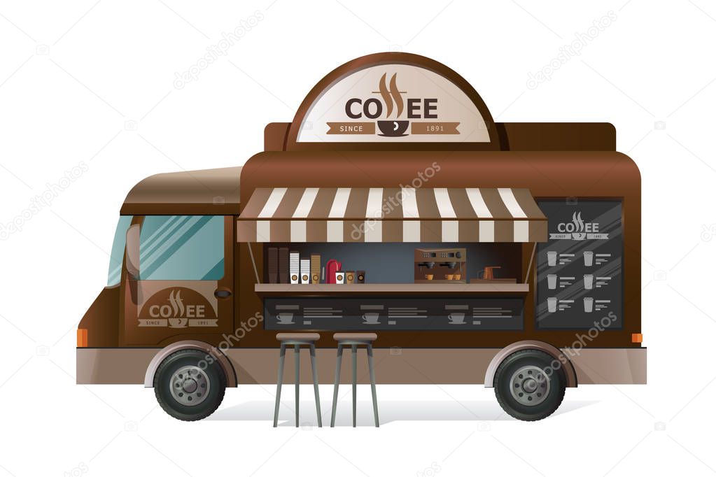 Street van, shop truck counter on wheels, sale of coffee.