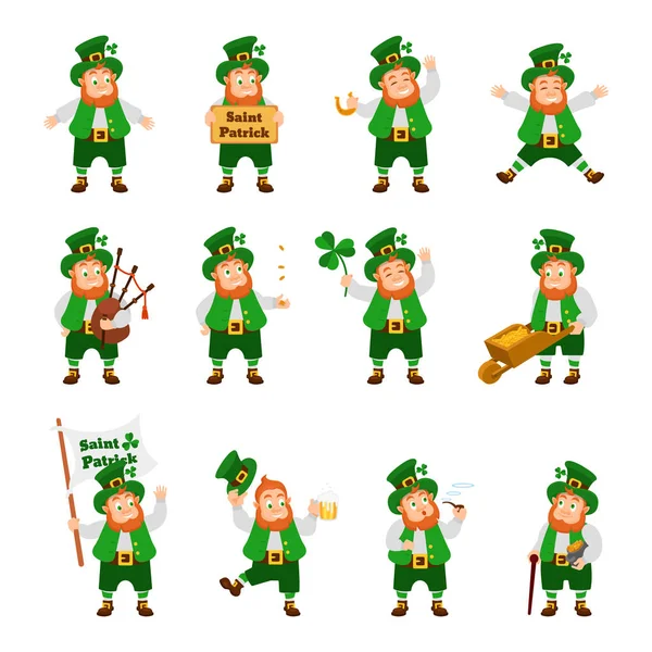 Conjunto de divertido personaje fantástico irlandés, duende en diferentes poses . — Archivo Imágenes Vectoriales
