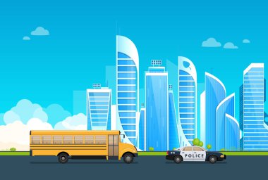 Gelecekte, toplu taşıma, polis arabası, otobüs ile kenti Çevre Dostu,