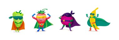 Funny cartoon fruits and vegetables in superhero costumes, vegetarian food. clipart