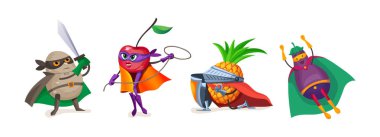 Healthy eating, organic products, vegetarian food, in superhero costumes. clipart