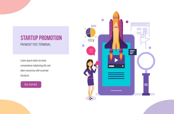 Opstarten promotie. Set van marketing activiteiten, productpromotie op markt. — Stockvector