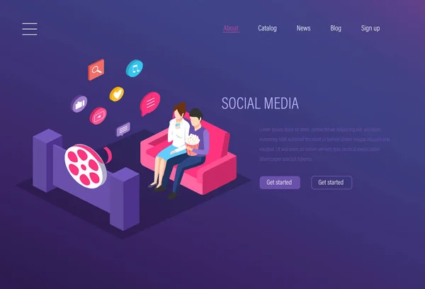 Social media, digital technology. Leisure time, online cinema, multimedia viewing. Communication of Internet users in social networks and exchange of data, photos, media library. Isometric vector.