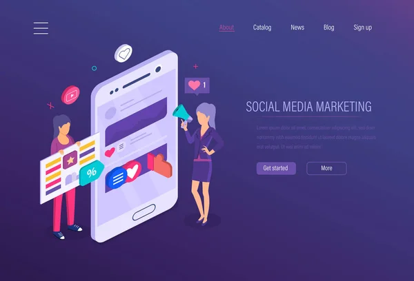 Sociální média marketing. Sociální sítě, online obchod, marketing, plánování strategie. — Stockový vektor
