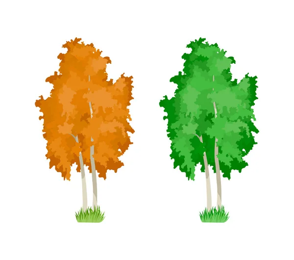 カラフルな木を漫画します。かわいい木質植物、緑、黄色の白樺の木. — ストックベクタ