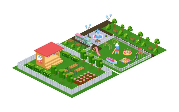 Parque al aire libre, parque infantil en el jardín de infantes, aparición de la etapa . — Vector de stock