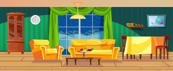 Living room with sofa, chairs, window overlooking the winter street. — Stock Vector