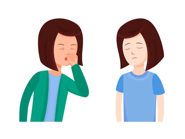 Mujer joven mostrando el gesto de pulgar hacia abajo y detener con su conjunto de vectores de mano de palma vector, gráfico vectorial © TopVectors imagen #535756668