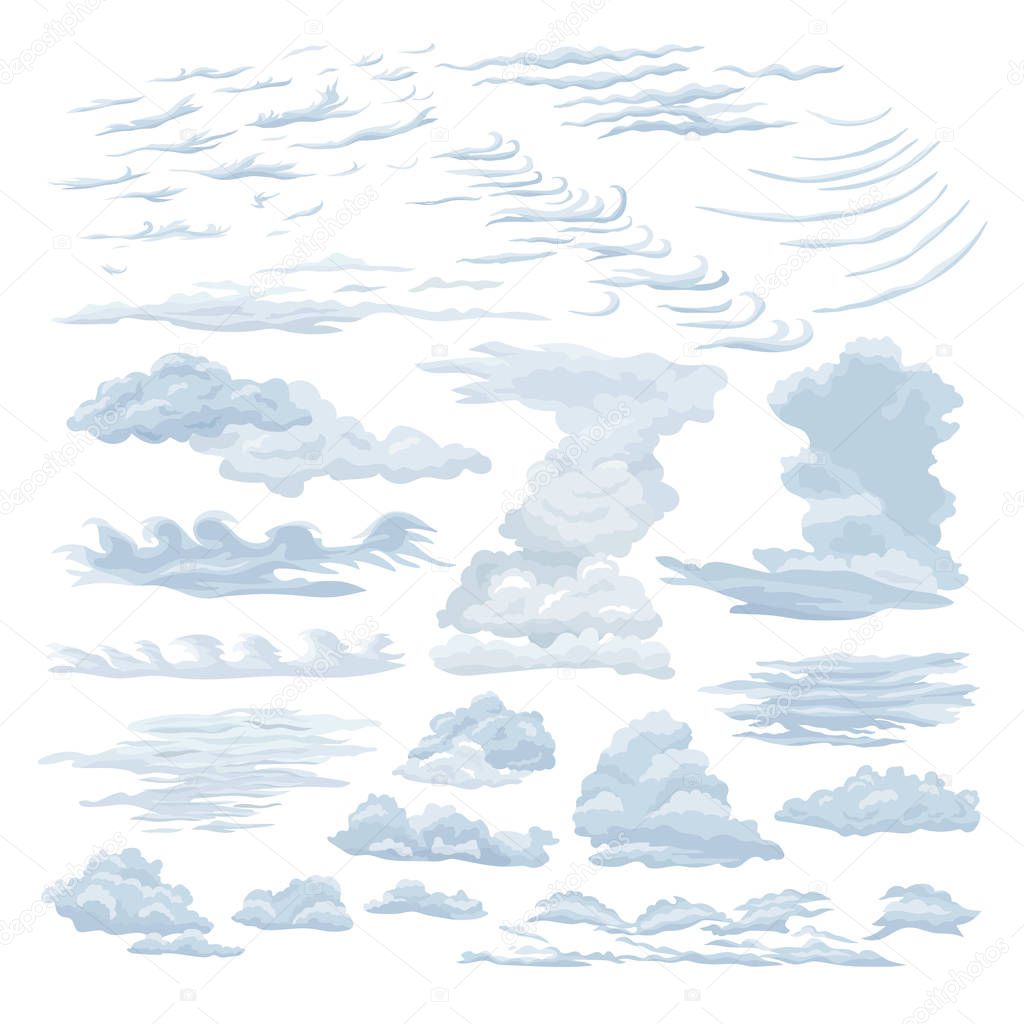 Set of steam clouds. Wavy, sparse cumulus, cirrus, layer clouds.