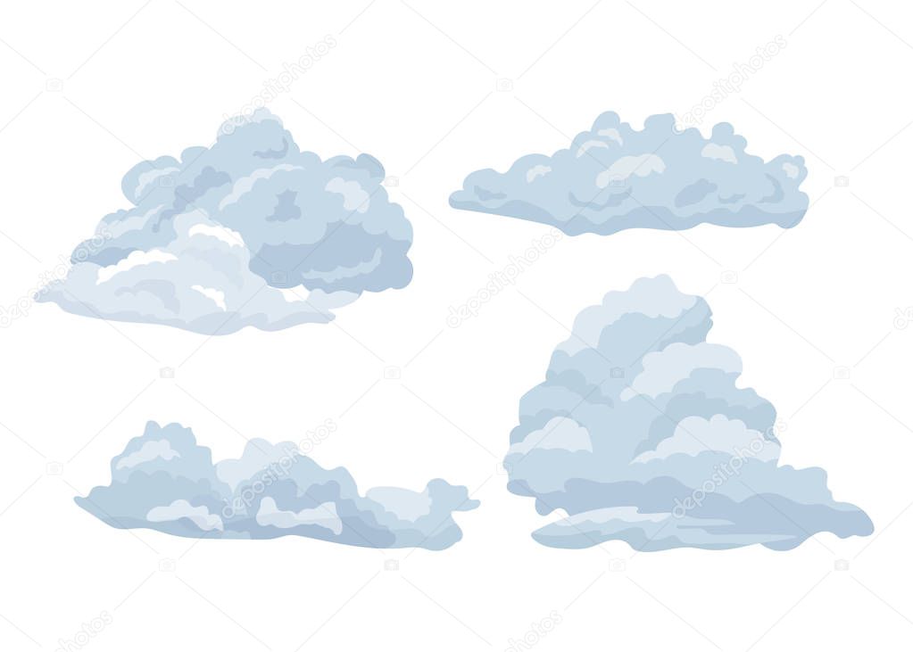 Set of feather clouds. Wavy, sparse cumulus and layer clouds.