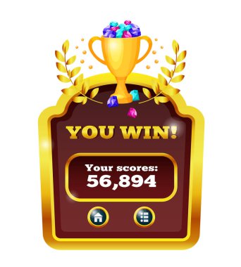 Oyun açılır pencere, panel düğmeleri ile. Zafer, WINS Kupası ile.