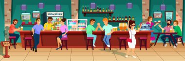 İnsanlar, ziyaretçiler ve barmenler ile modern Bar iç.