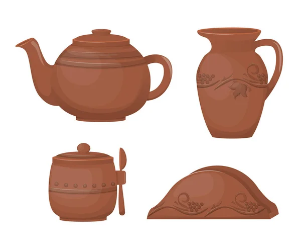 Cerámica cerámica. Hermosos utensilios de cocina, juego de té de cerámica, con adorno decorativo . — Archivo Imágenes Vectoriales