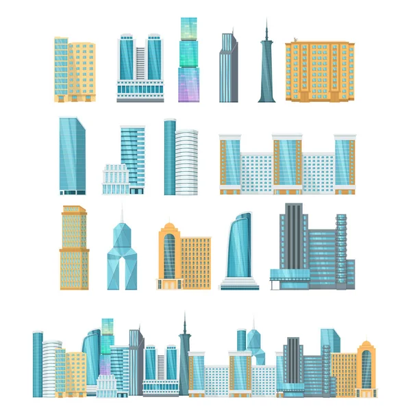 Hochhaus-Wolkenkratzer. Äußere von Gebäuden, Fassaden von architektonischen Strukturen. — Stockvektor